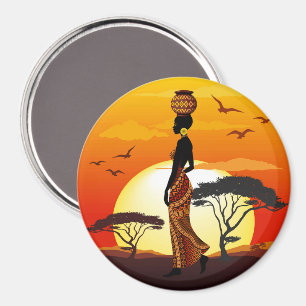 Afrikansk vackra Woman Silhouette på Afrikas Sol Magnet