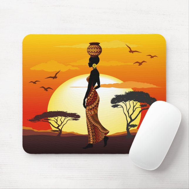 Afrikansk vackra Woman Silhouette på Afrikas Sol Musmatta (Med mus)