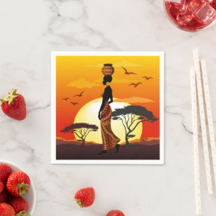 Afrikansk vackra Woman Silhouette på Afrikas Sol Pappersservett