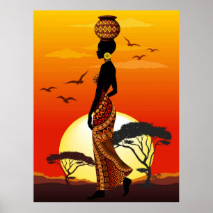 Afrikansk vackra Woman Silhouette på Afrikas Sol Poster