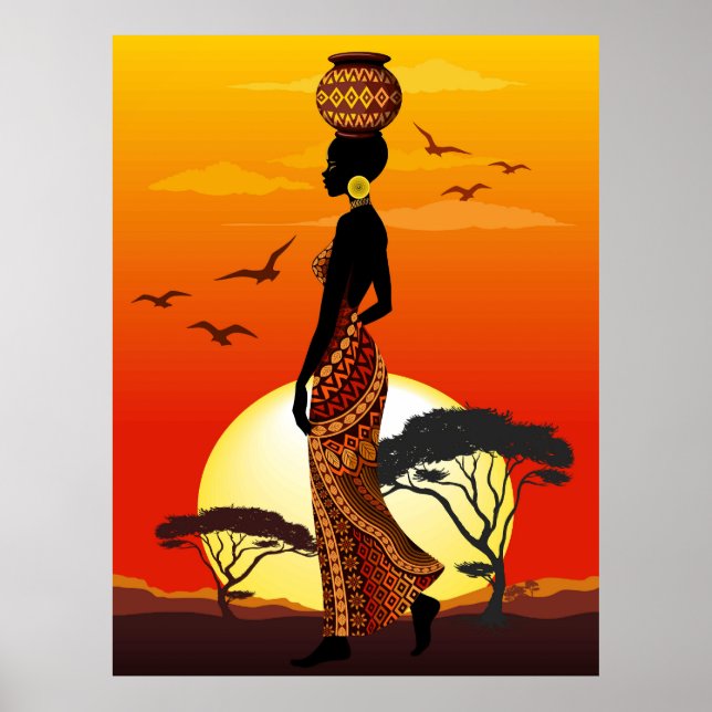 Afrikansk vackra Woman Silhouette på Afrikas Sol Poster (Framsidan)