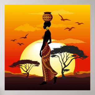 Afrikansk vackra Woman Silhouette på Afrikas Sol Poster