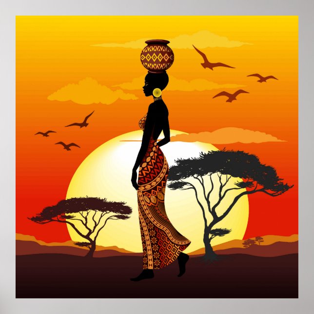 Afrikansk vackra Woman Silhouette på Afrikas Sol Poster (Framsidan)