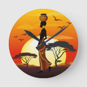Afrikansk vackra Woman Silhouette på Afrikas Sol Rund Klocka