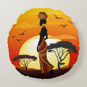 Afrikansk vackra Woman Silhouette på Afrikas Sol Rund Kudde