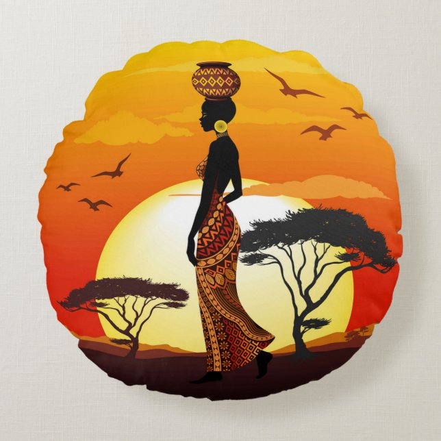 Afrikansk vackra Woman Silhouette på Afrikas Sol Rund Kudde (Framsidan)