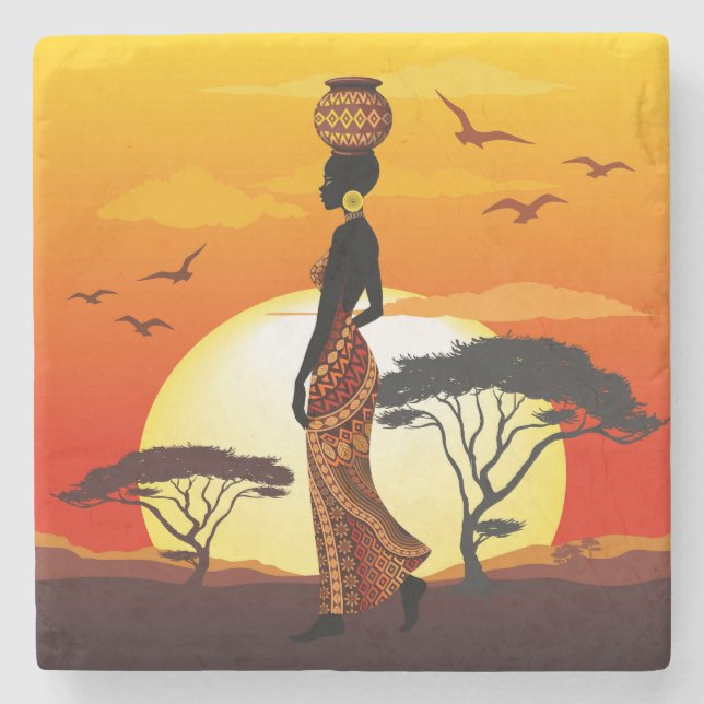 Afrikansk vackra Woman Silhouette på Afrikas Sol Stenunderlägg (Framsidan)