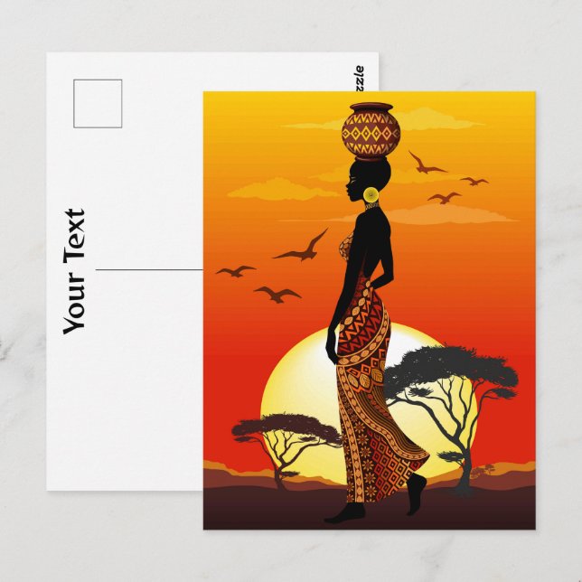 Afrikansk vackra Woman Silhouette på Afrikas Sol Vykort (Fram/baksida)