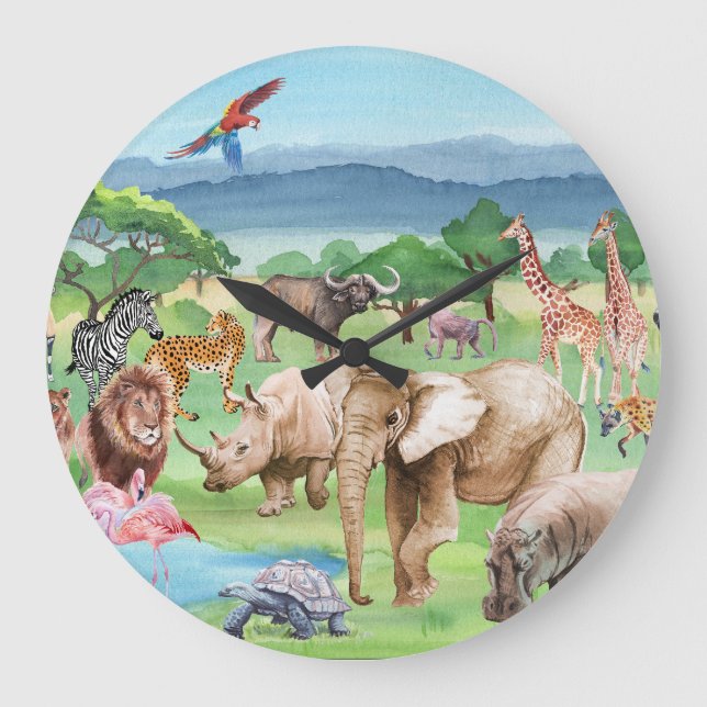 Afrikansk vildmark: Savannah Watercolor Tapet. Stor Klocka (Framsida)