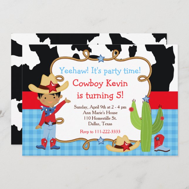 Afrikansk Western Födelsedagsfest i Cowboy Inbjudningar (Fram/baksida)