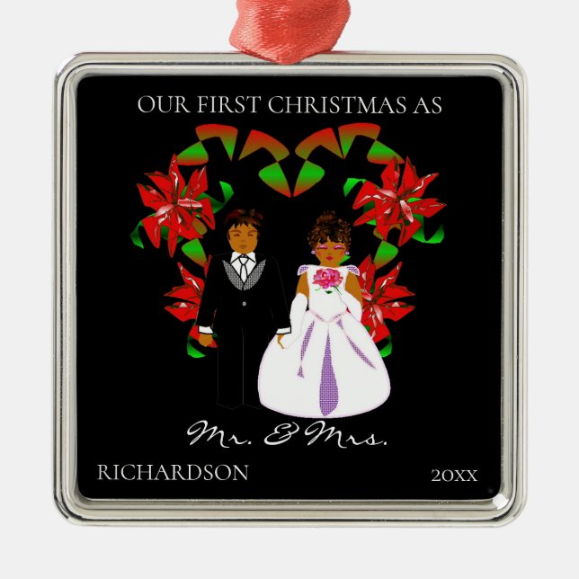Afrikanska amerikanska första julen som Mr & Mrs. Julgransprydnad Metall (Framsidan)