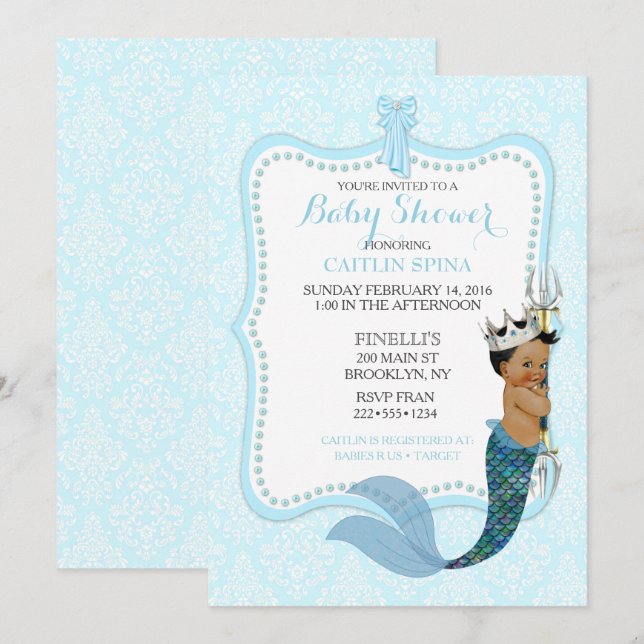 Afrikanska amerikanska Pojken Merman Prince Krona Inbjudningar (Fram/baksida)