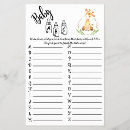 AFRIKANSKA DJUR ABC BABY SHOWER GAME CARD FLYGBLAD