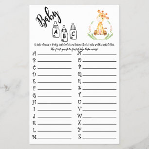 AFRIKANSKA DJUR ABC BABY SHOWER GAME CARD FLYGBLAD