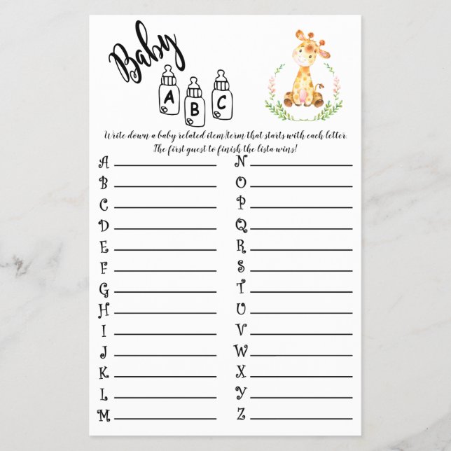 AFRIKANSKA DJUR ABC BABY SHOWER GAME CARD FLYGBLAD (Framsidan)