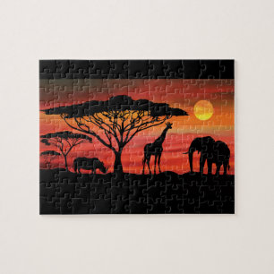 Afrikanska djur i Serengeti Sunset Pussel