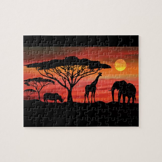 Afrikanska djur i Serengeti Sunset Pussel (Horisontell)