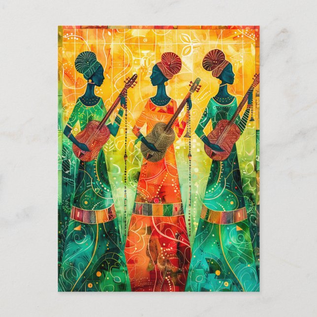 Afrikanska kvinnor som spelar styrinstrument vykort (Framsida)