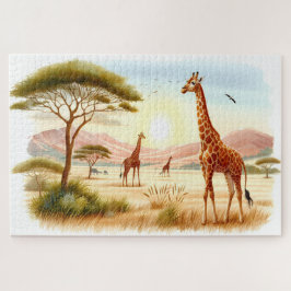 Afrikanska savannens giraffer solnedgång pussel