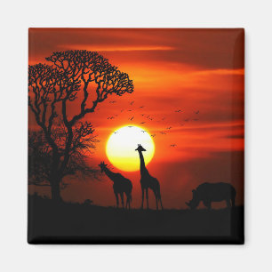 Afrikanska Silhouettes för Safarisolnedgångdjur Magnet