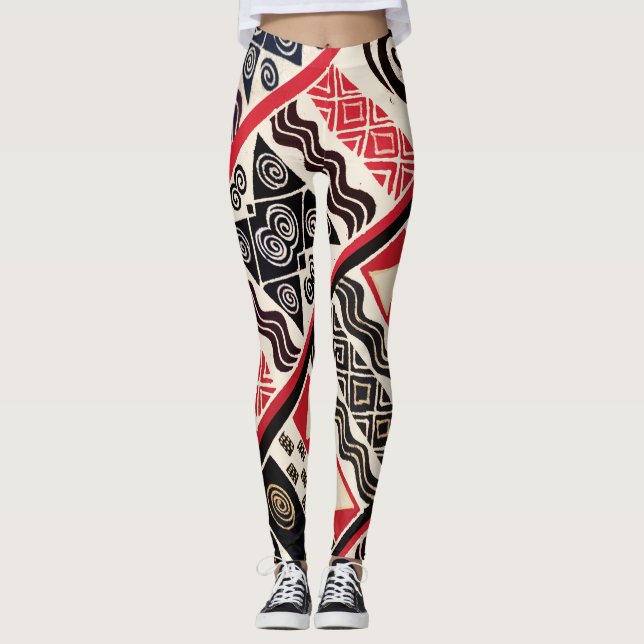 Afrikanska Tribal Röda Svarta Leggings (Framsida)