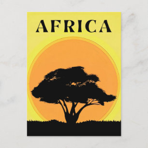 Afrikanskt akacieträd mot en orange solnedgång vykort