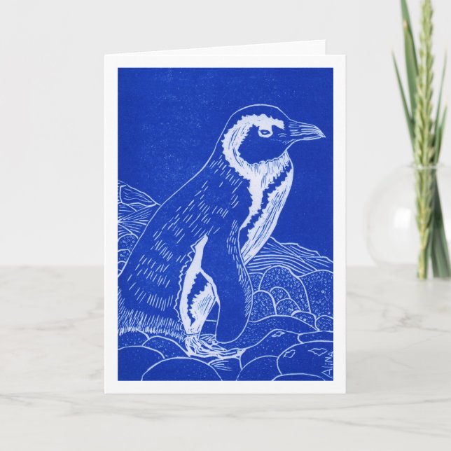 Afrikanskt penguin-blått linocut-kort kort (Framsida)