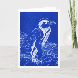 Afrikanskt penguin-blått linocut-kort kort