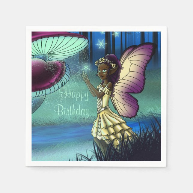 Afrikas amerikanska Fairy and Mushroom Birthday Pappersservett (Framsidan)