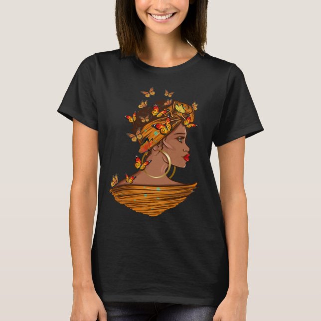 Afro African Woman Butterflies Black Queen History T Shirt (Framsida)