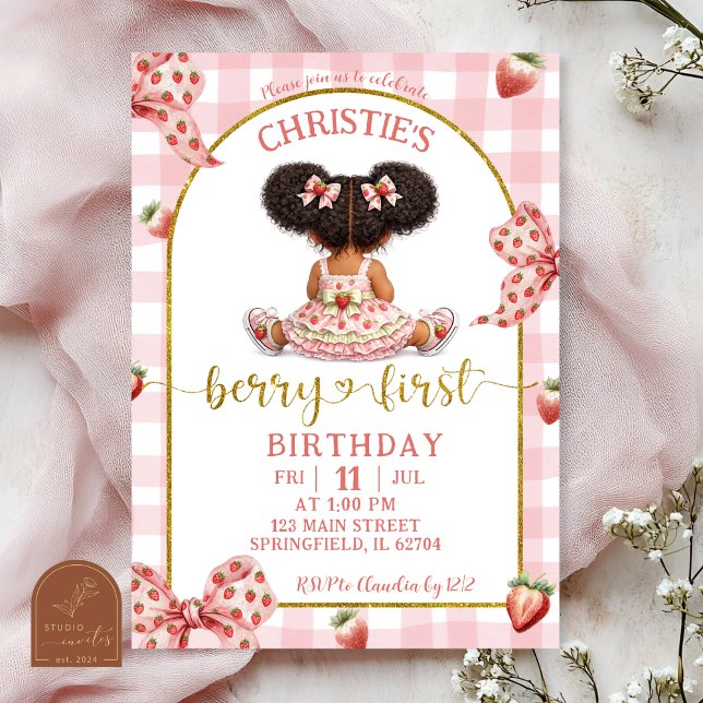 afro afrikansk flicka rosa båge jordgubb jordgubbe inbjudningar (Skapare uppladdad)
