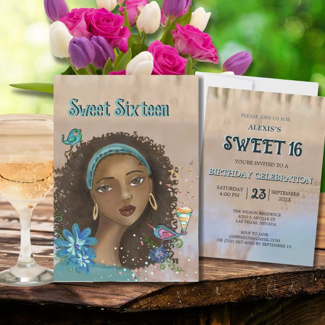 Afro-American Girl Sweet 16 Födelsedagsfester Inbj Inbjudningar ( Afro-American Girl Sweet 16 Birthday Party Invite)