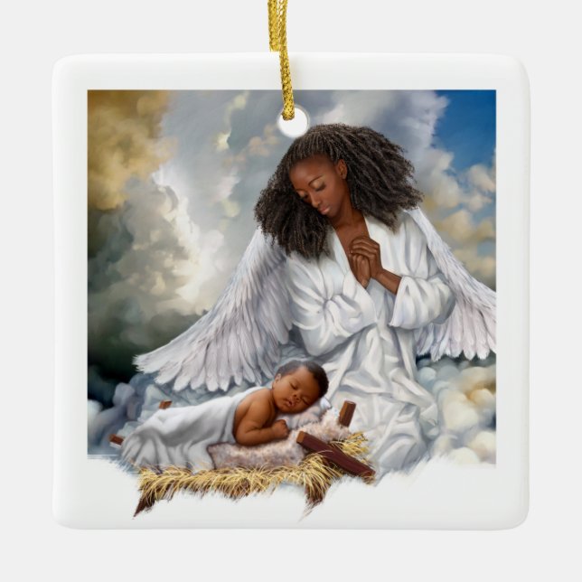 Afro Angel och Baby Jesus julprydnader Julgransprydnad Keramik (Framsida)