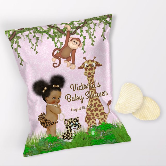 Afro Babyflicka Safari Baby Shower Chipspåse Omsla Reklamblad (1 ounce snack bag wrapper flyer. )