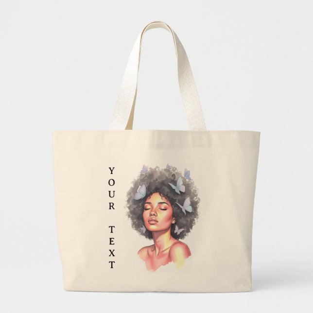 Afro Beauty with Butterflies – Watercolor Portrait Jumbo Tygkasse (Framsidan)