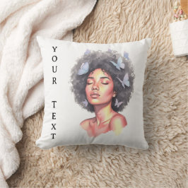 Afro Beauty with Butterflies – Watercolor Portrait Kudde