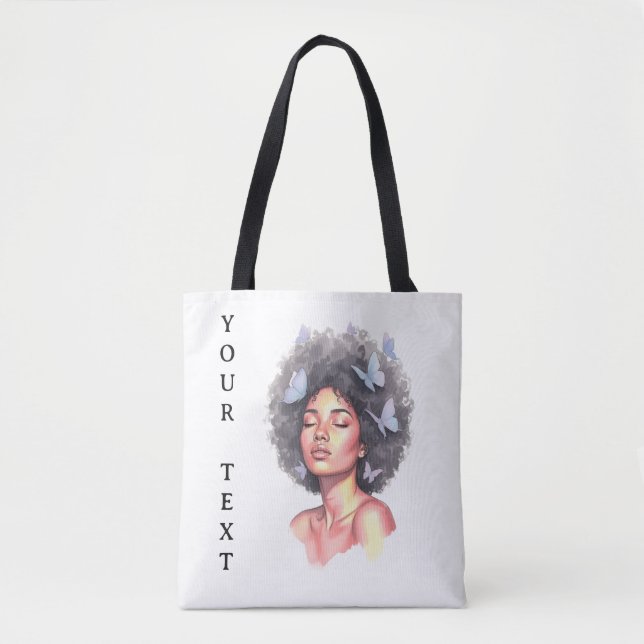 Afro Beauty with Butterflies – Watercolor Portrait Tygkasse (Framsida)