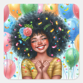 Afro Birthday Girl with Brown Skin Watercolor Fyrkantigt Klistermärke