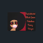 Afro Black Girl Canvas Popping gum Loving Me<br><div class="desc">Canvas Burgundy and Black... African American Woman med en Afro som blåser ut Burgundy bubbelgum som säger att jag älskar den med solglasögon med burgunska stjärnor med stora ring-örhängen. Hennes motiverande typsnitt är sexigt. Den här murkonsdeco som Dam Survivor själv skapat är en perfekt till kärlek för vilken tillfälle som...</div>