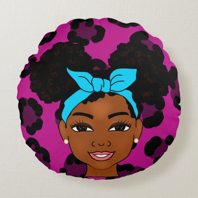 'Afro black girl puffs Rund Kudde (Framsidan)