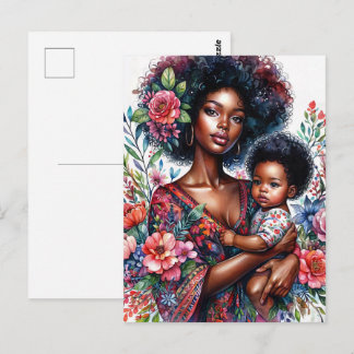 Afro Black Mother and Baby Floral Watercolor Vykort