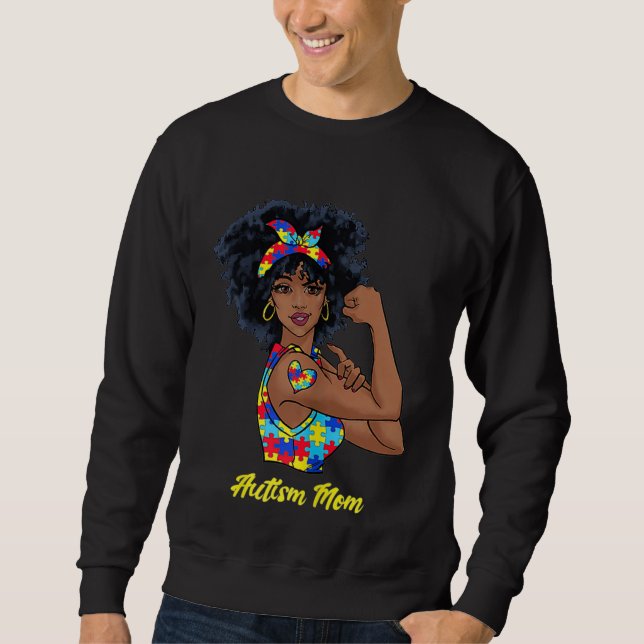 Afro Black Woman Autism Mom Awareness Tattoo Jigsa Lång Ärmad Tröja (Framsida)