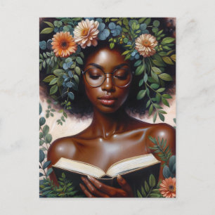 Afro Botanisk Kvinna som Läsar Bok Vykort