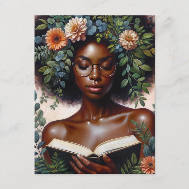 Afro Botanisk Kvinna som Läsar Bok Vykort (Framsida)