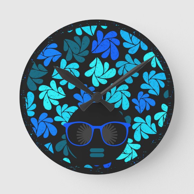 Afro Diva Blå  Rund Klocka (Framsida)