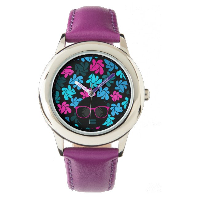 Afro Diva Hot Pink & Turkis Armbandsur (Framsida)