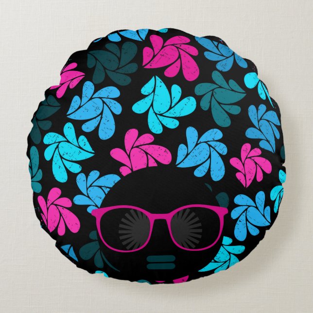 Afro Diva Turcos & Shock rosa Round Pillow Rund Kudde (Framsidan)