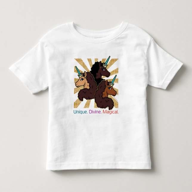 Afro Enhörning Trio: Unik, Gudomlig och Magisk T Shirt (Framsida)