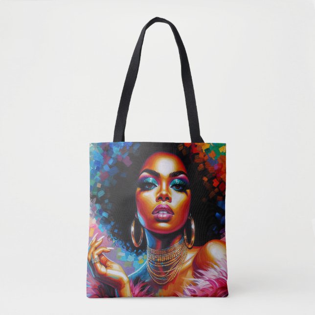 Afro Glam Tote Bag med 1970-talets svart dammkonst Tygkasse (Framsida)