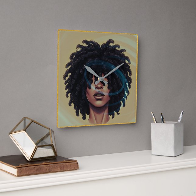 Afro Glow Wall Clock – Modern Black Art Fyrkantig Klocka (Kontor)